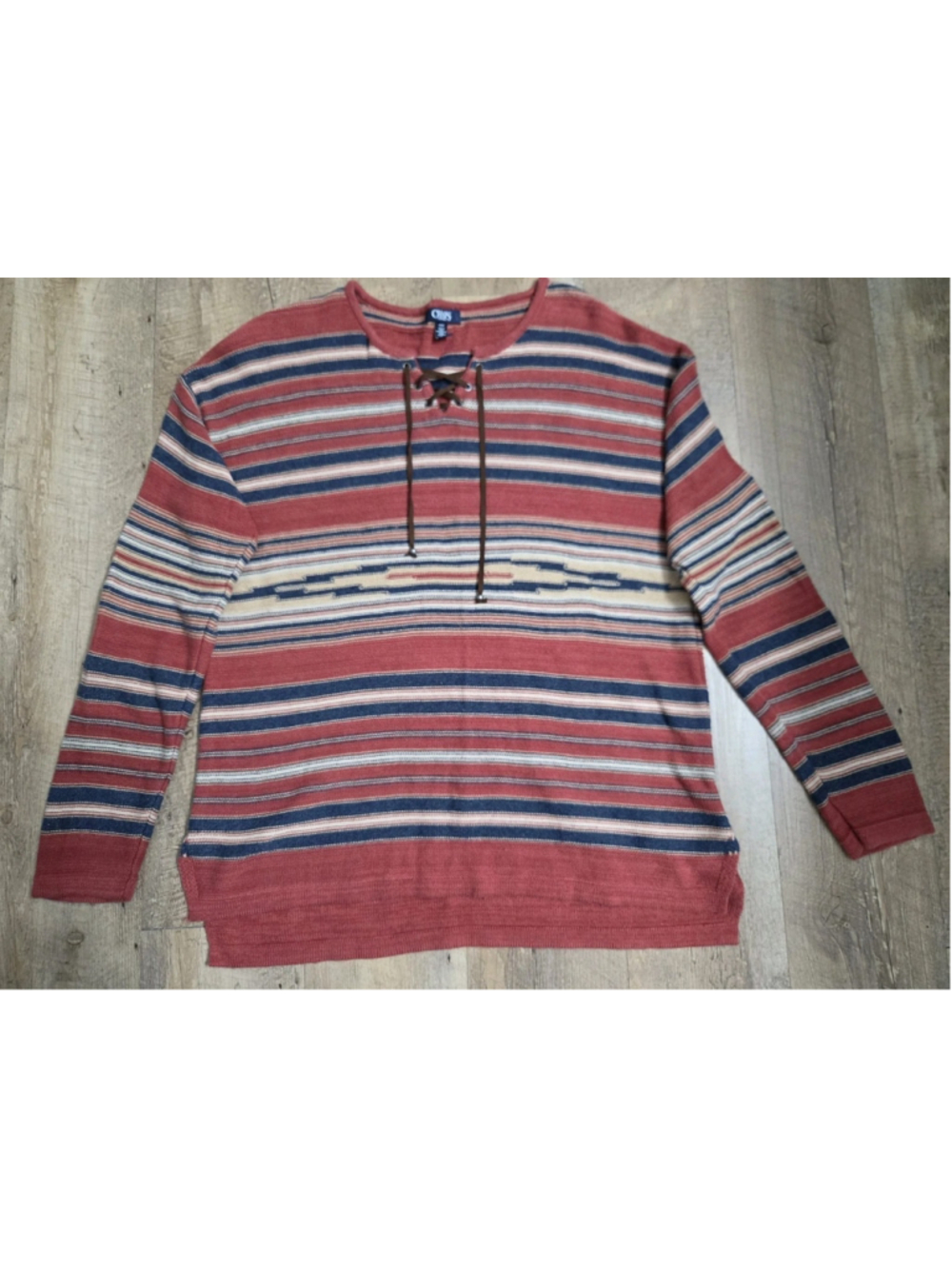Chaps Denim Southwestern Knit Sweater Women L Rust Red Lace Up Striped Boho Top